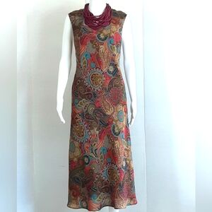 DAVID WARREN Slinky Paisley Square Neck Sleevelee Maxi Shift Dress Sz 12 - Vtg